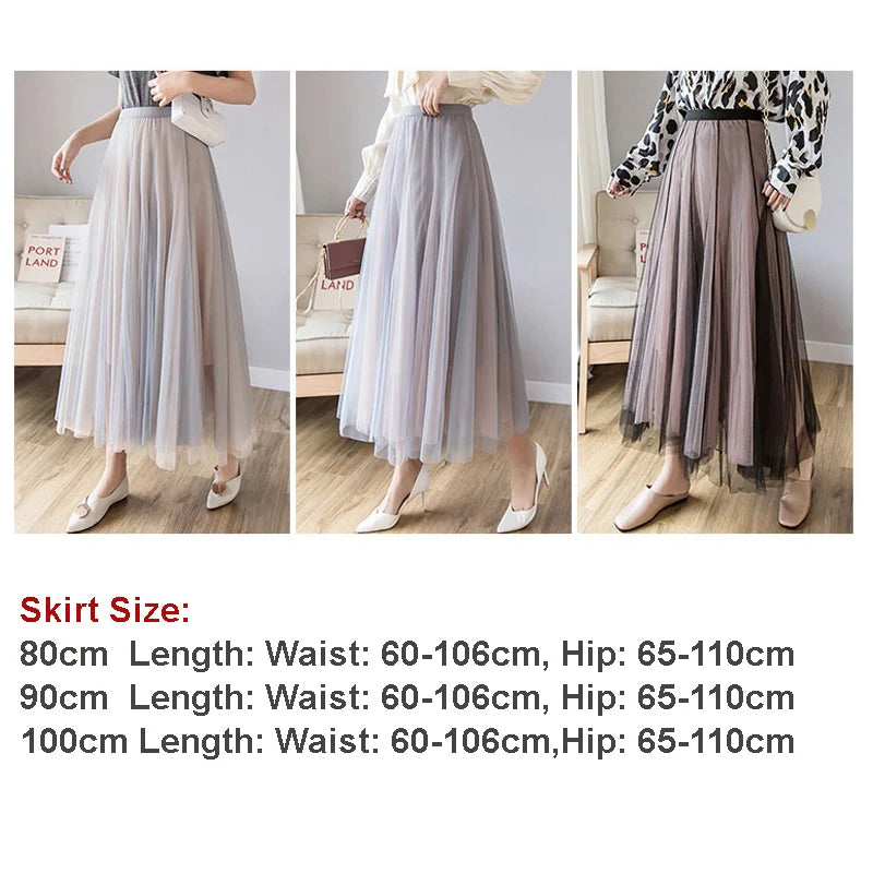 Vintage 100cm Long Tulle Maxi Skirt for Women Korean Style High Waist Elastic Mesh Pleated Tutu Skirt Female Jupe Longue
