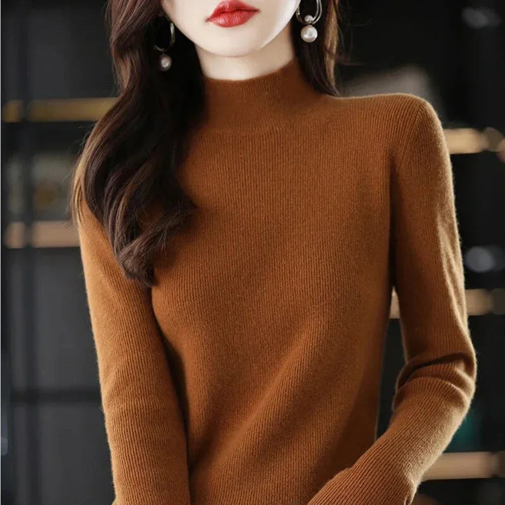 Temperament Pleated Pullover Sweater For Women Long-Sleeve Female S-2XL Siz Half High Collar Underlay Sleeve Sweater Slim Fit