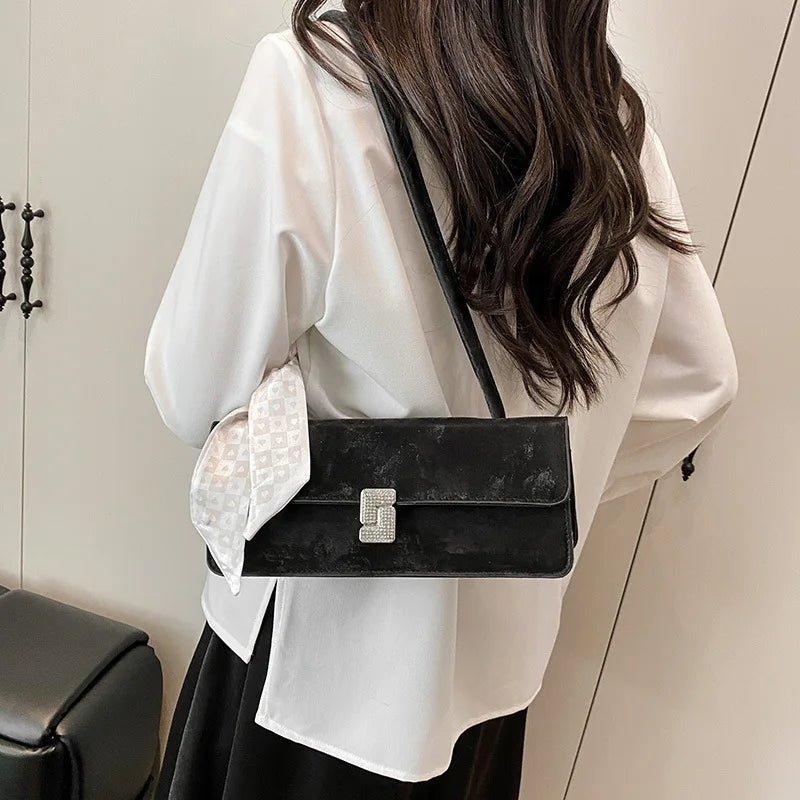 Trendy Elegant Shoulder Purse ,with Silk Scarf Accent Rhinestone Buckle Handbag Versatile Women's Bags Daily Casual Underarm Bag