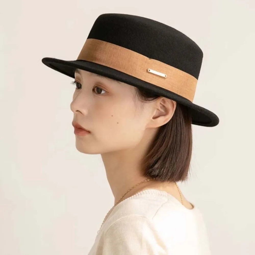 Women's Elegant Woolen Formal Hat Autumn and Winter Black Vintage Lady British Style Flat Top Hat Stage Accessories