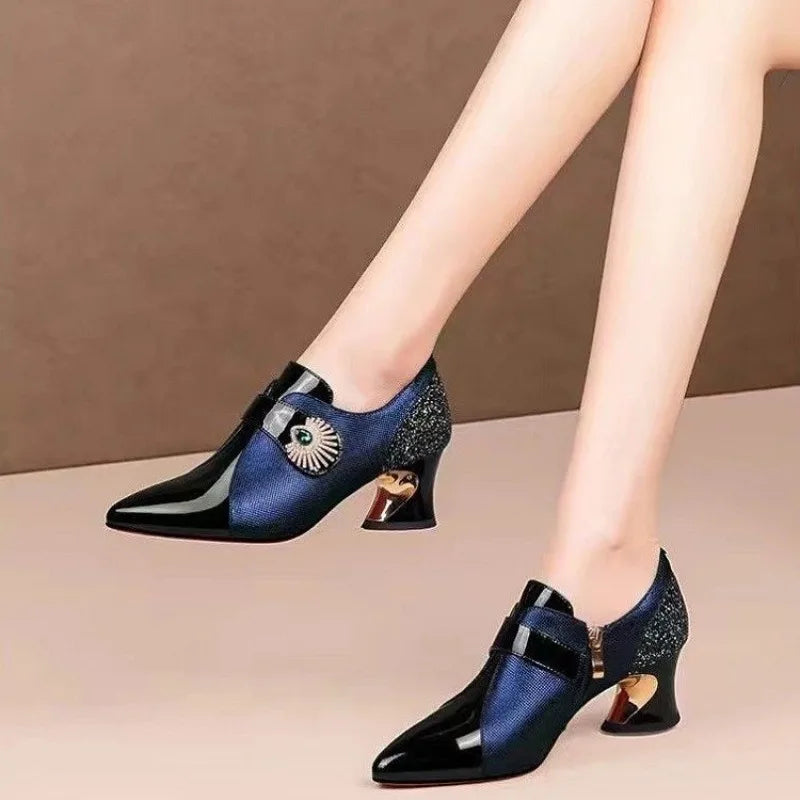 Deep Mouthed Color Blocked High Heels 2025 Spring Autumn New Style Thick Heel Fashionable Pointed Side Zipper Leather Shoes