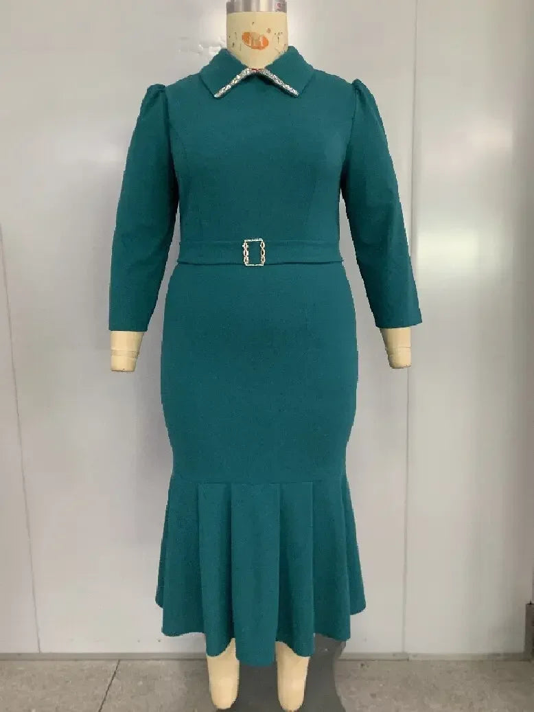 Elegant Church Dresses for Women Mermaid Long Sleeves Turn Down Collar Female Gowns Modest Classy Office Ladies Workwear Autumn