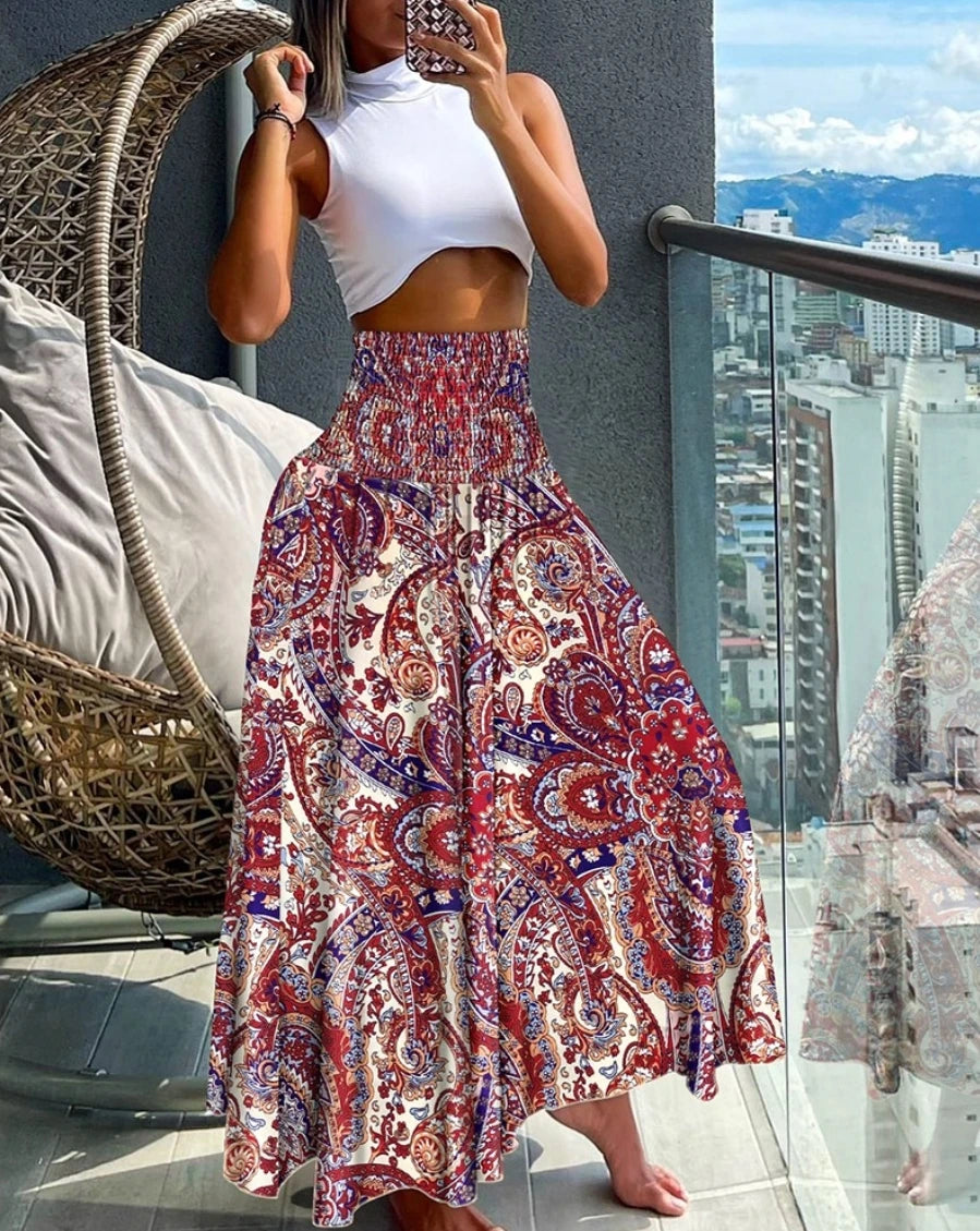 Women's High Waist Elastic Printed Long Skirt A-Line Flowy Maxi Skirt Bohemian Style Casual Beach Skirt