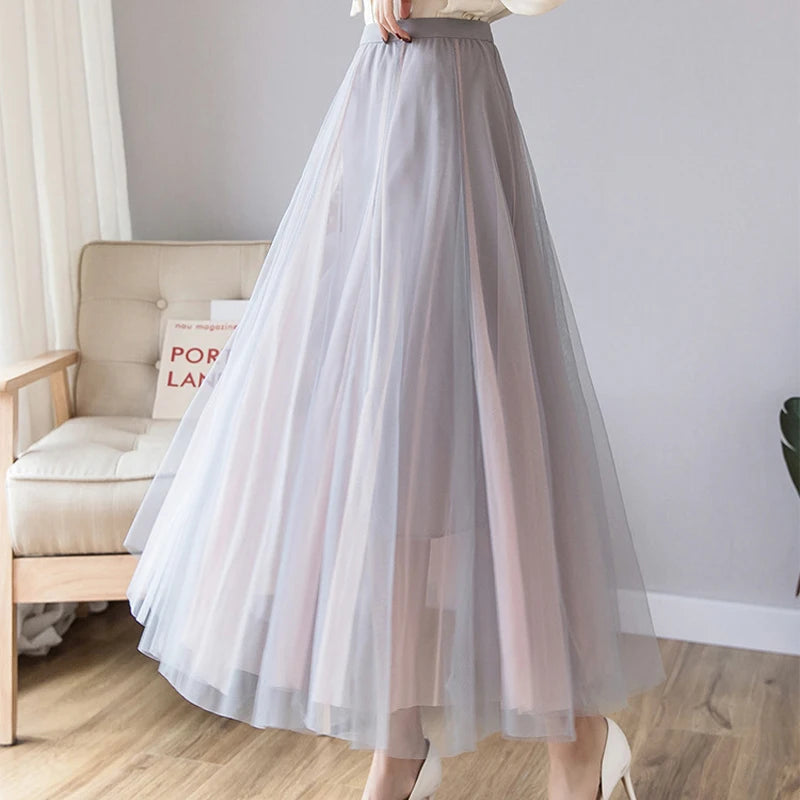 Vintage 100cm Long Tulle Maxi Skirt for Women Korean Style High Waist Elastic Mesh Pleated Tutu Skirt Female Jupe Longue