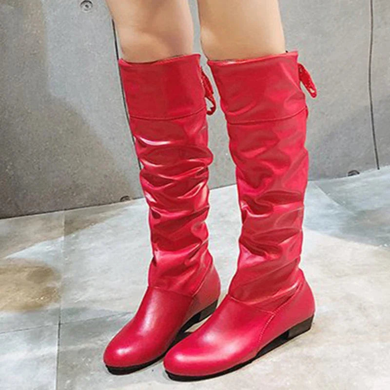 Knee High Boots Red Black White Tall Boots Woman Pleated Low Heel Casual Leather Female Long Shoes 2024