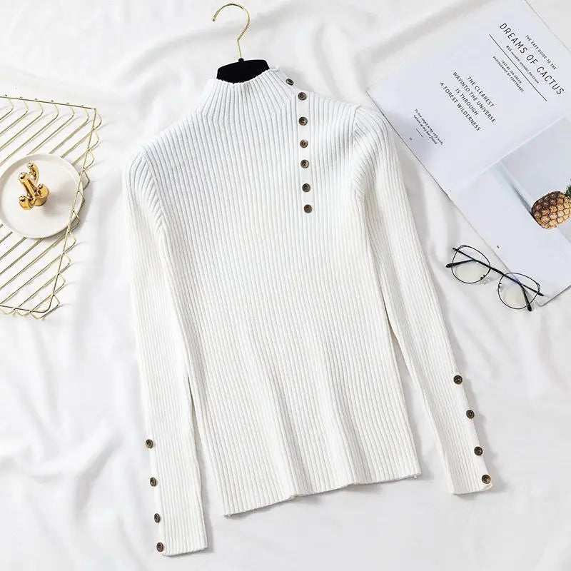 2026 Autumn Knitted Turtleneck Sweaters Women Solid Knitted Female Cotton Soft Elastic Color Slim Pullovers Button Full Sleeve