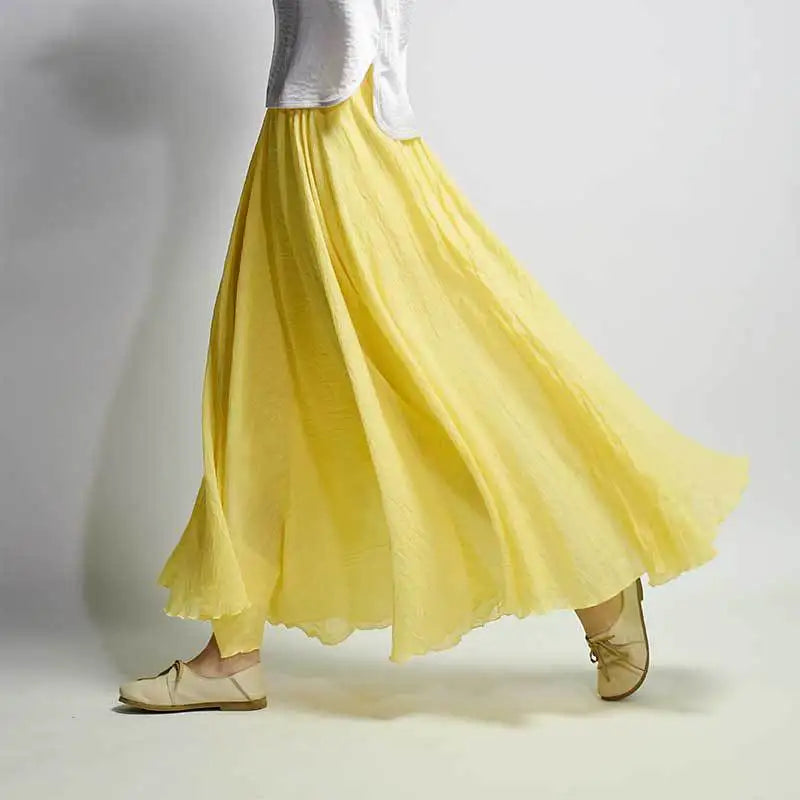 Women's Elegant High Waist Linen Maxi Skirt 2024 Summer Ladies Casual Elastic Waist 2 Layers Skirts saia feminina