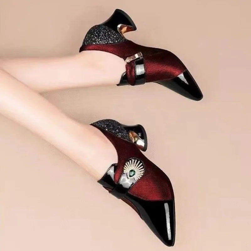 Deep Mouthed Color Blocked High Heels 2025 Spring Autumn New Style Thick Heel Fashionable Pointed Side Zipper Leather Shoes