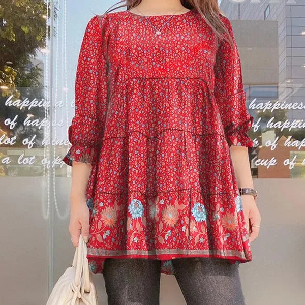 2023 Autumn Winter Womens Blouse Round Neck Fashion Ruffled Shirt Casual Loose Floral Print Top Femme Bubble Sleeve Pullover