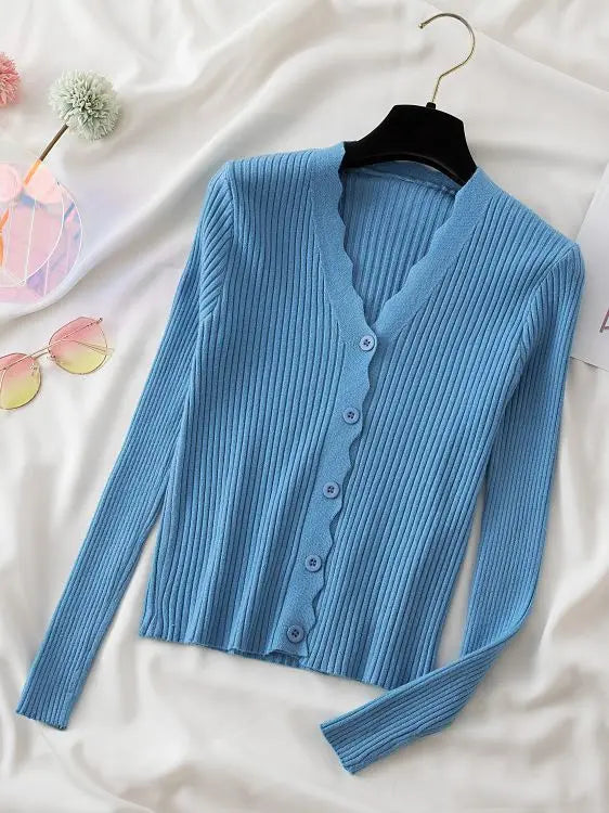 Sweater Knitted Cardigan Button Jacket 2023 Autumn Winter V-neck Long Sleeve Casual Tops For Women Sweater Green