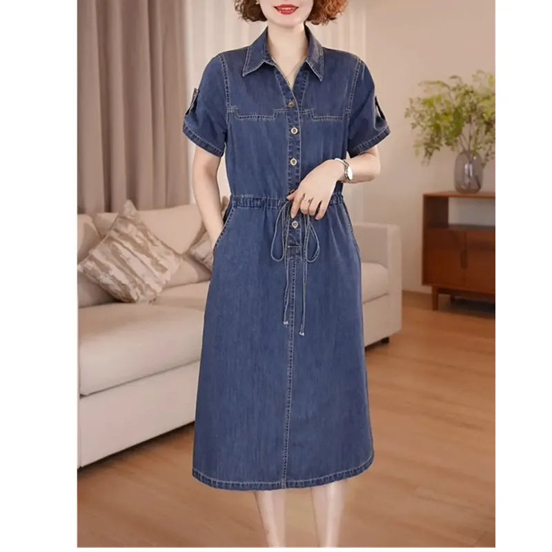 Denim Dress For women Summer 2025 New Female Single Breasted Short sleeved Slim Temperament Casual Dresses With pockets