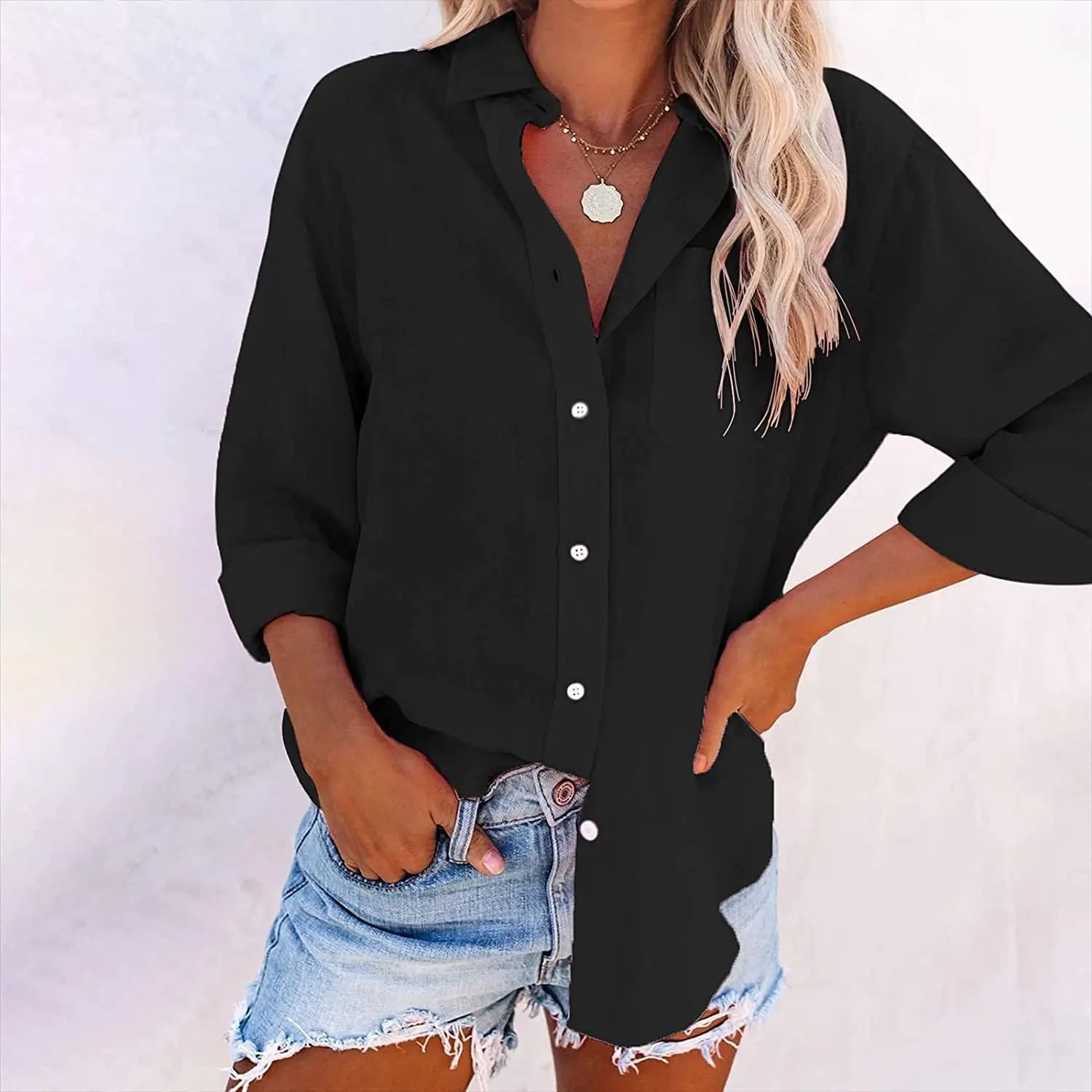 Women's White Shirt Long Sleeve Lapel Fashion Button Top Pocket Pink Casual Office Commuting Black Shirt