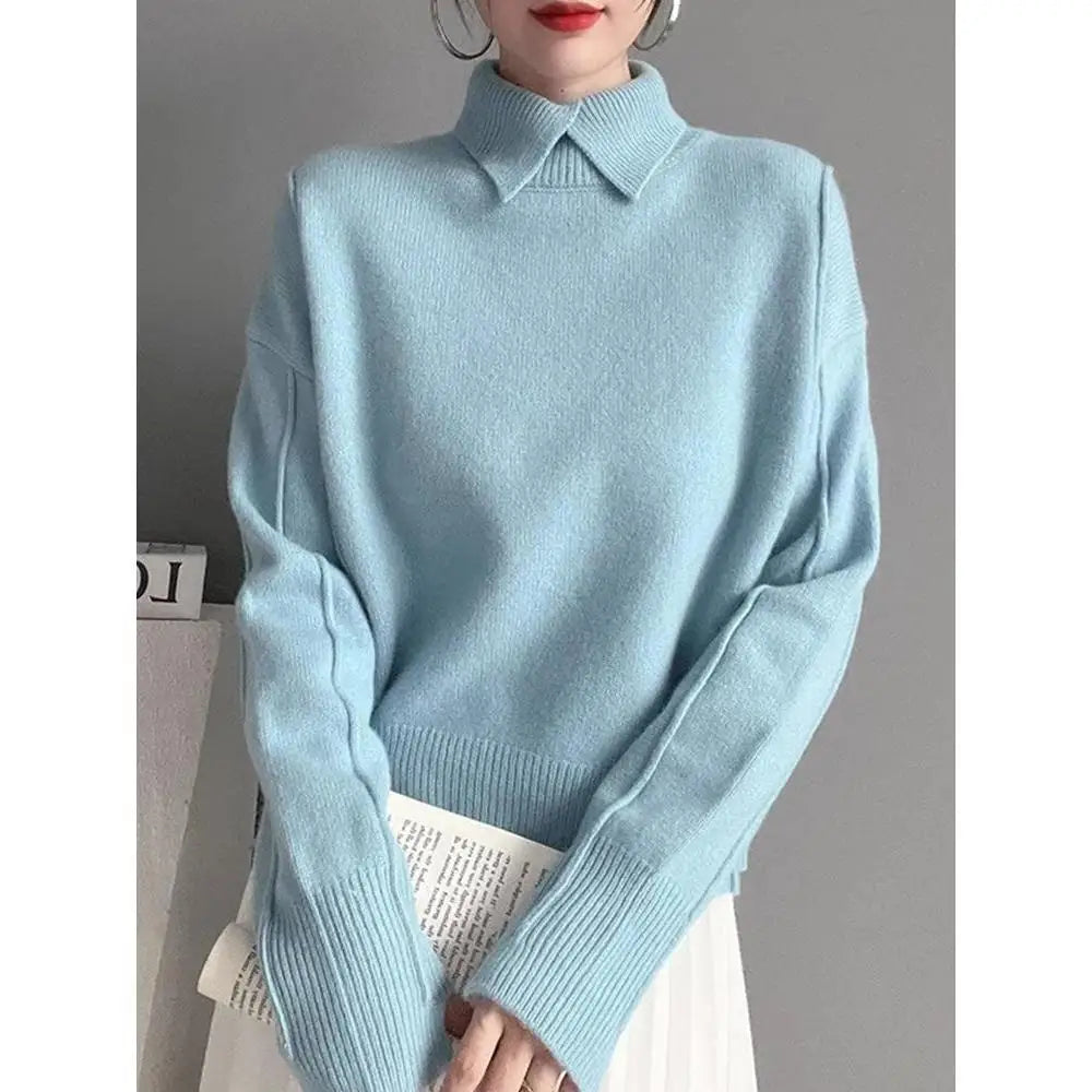 2025 Autumn Women Warm Shirt Turn-down Collar Solid Knit Pullover Winter Elegant All-match Long Sleeve Sweater Lady Elegant Tops