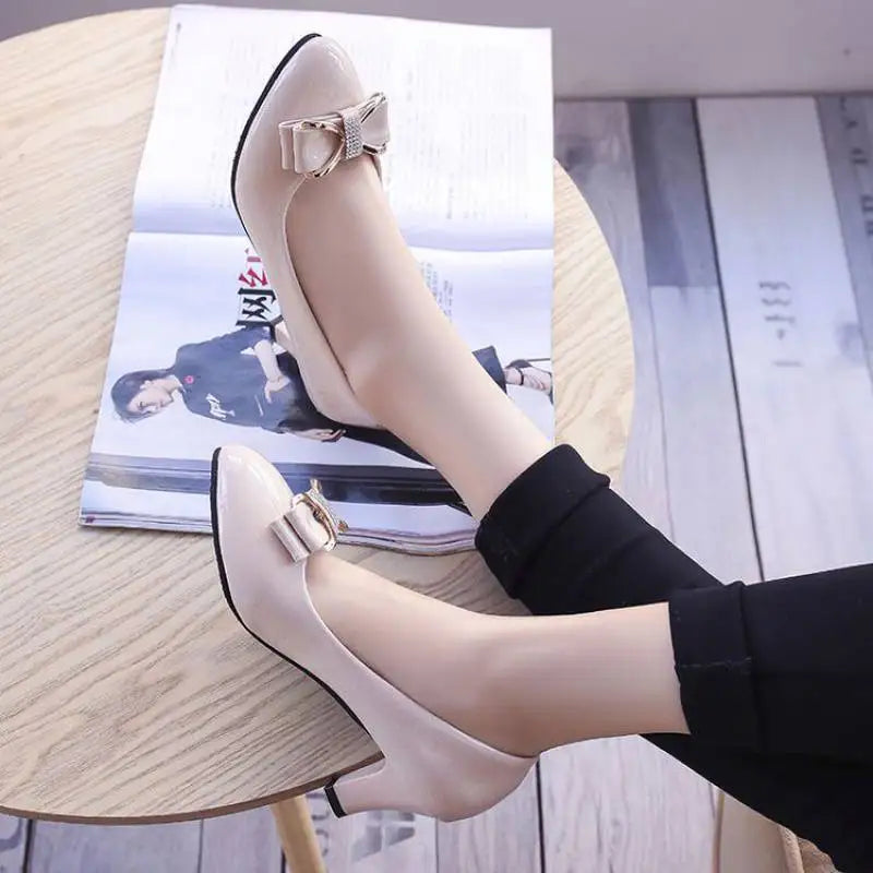 Women High Heels Low Heels Fashion Bow patent leather Professional Work Casual Shoe Woman Wedding Party Shoes Large Size 42