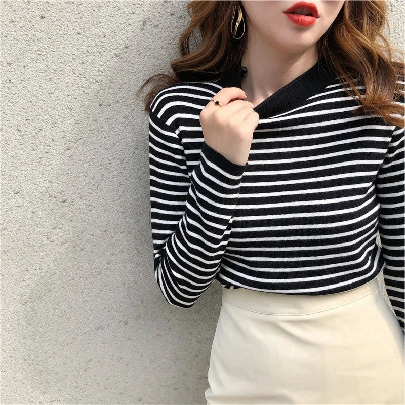 Autumn Winter Women Mock neck Sweaters Pullover Tops Fashion Female Skinny Elastic Long Sleeve Casual Striped Knitted Shirts