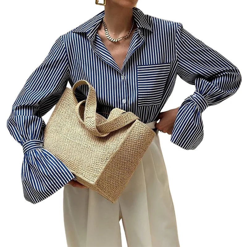 Women's Spring and Summer New Women's Fashion Temperament Striped Printed Lapel Shirt