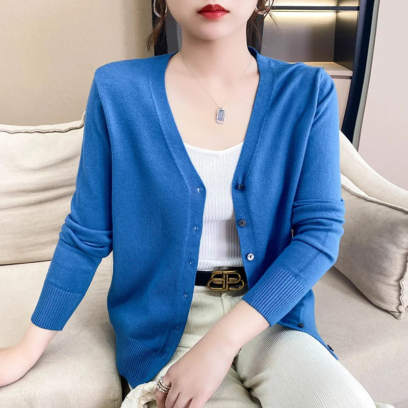 Spring Autumn Women Cardigans Loose Solid Single Breasted V-neck Pink Red Fashion Cardigan Jumpers Knitwear 2025