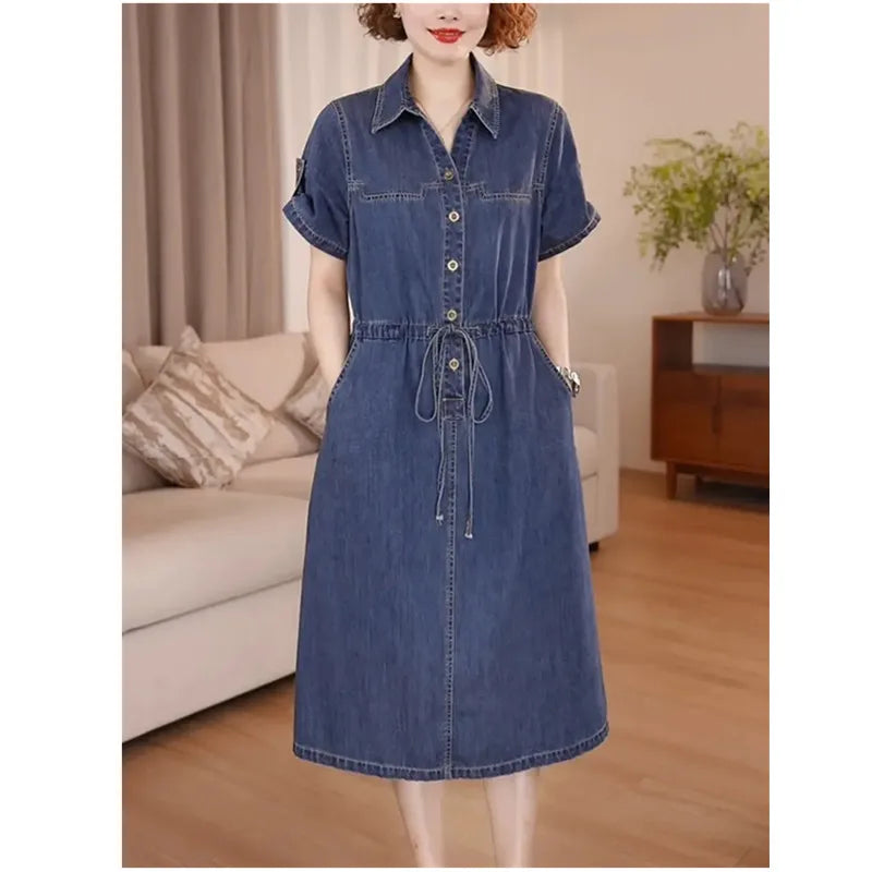 Denim Dress For women Summer 2025 New Female Single Breasted Short sleeved Slim Temperament Casual Dresses With pockets