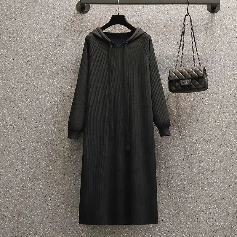 Plus Size 5XL 150KG Casual Women Knitted Maxi Dress Spring Elegant Ribbed Long Sleeve Dress Ladies Hooded Dress