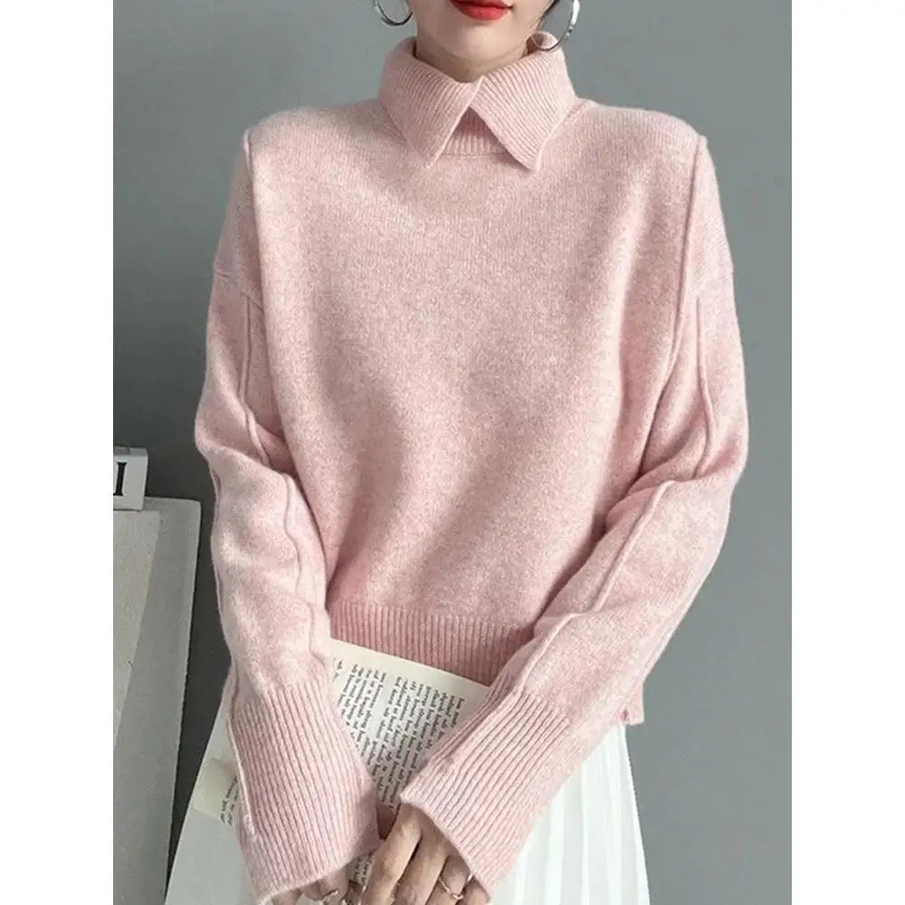 2025 Autumn Women Warm Shirt Turn-down Collar Solid Knit Pullover Winter Elegant All-match Long Sleeve Sweater Lady Elegant Tops