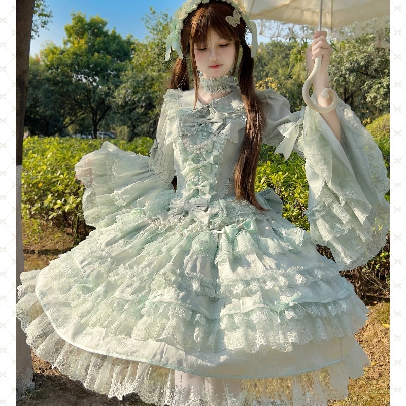 Long Sleeve Tops Spring Autumn Long Sleeve Solid Color Shirts with Mint Doll Collar and Bowknot Single-Breasted Blouse for Women