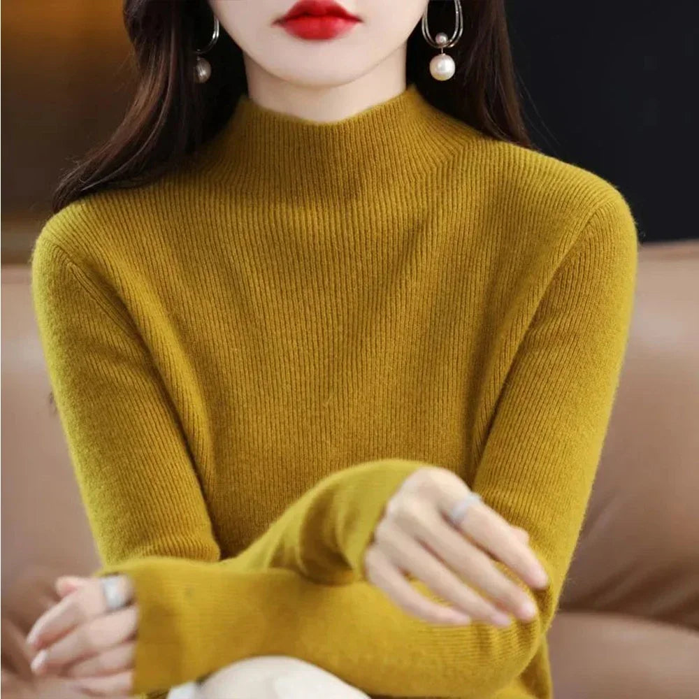 Temperament Pleated Pullover Sweater For Women Long-Sleeve Female S-2XL Siz Half High Collar Underlay Sleeve Sweater Slim Fit