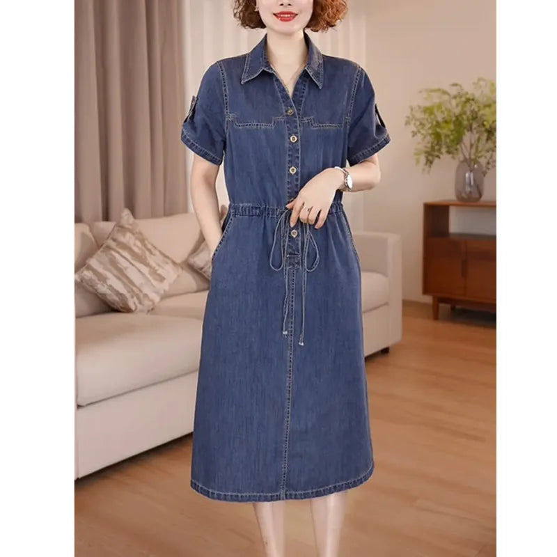 Denim Dress For women Summer 2025 New Female Single Breasted Short sleeved Slim Temperament Casual Dresses With pockets