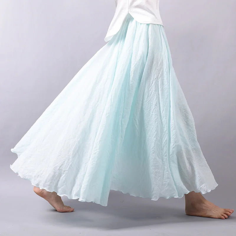 Women's Elegant High Waist Linen Maxi Skirt 2024 Summer Ladies Casual Elastic Waist 2 Layers Skirts saia feminina
