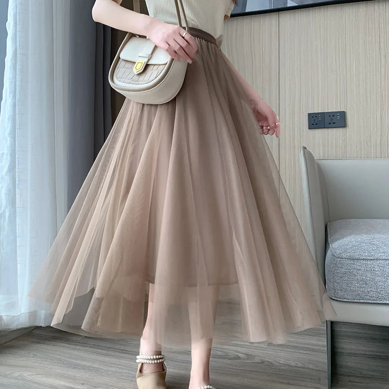Mesh Skirt 2025 Spring Summer New Style for Women Fashion High Waist Mid-length Elastic Waist A-line Skirt Princess Long Skirt