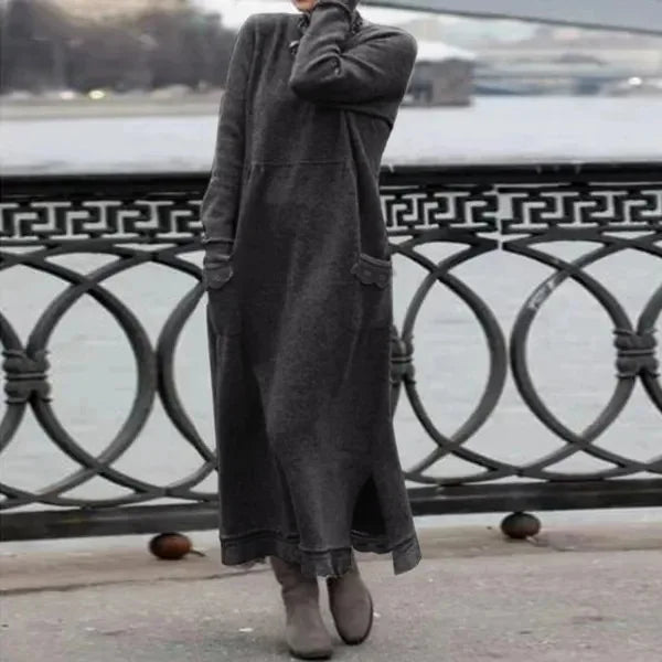 2024 Autumn Winter New Long Dresses For Women Flower Lace Edge Loose Maxi Dress Casual Long Female Solid Color Pocket Vestidos