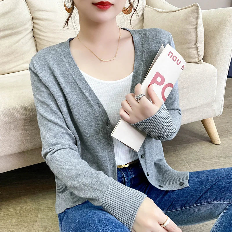 Spring Autumn Women Cardigans Loose Solid Single Breasted V-neck Pink Red Fashion Cardigan Jumpers Knitwear 2025