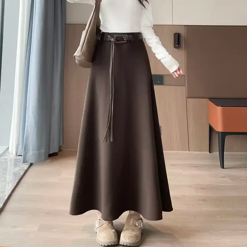 Women's Maxi Skirt High Waist with Belt A-Line Flared Hem