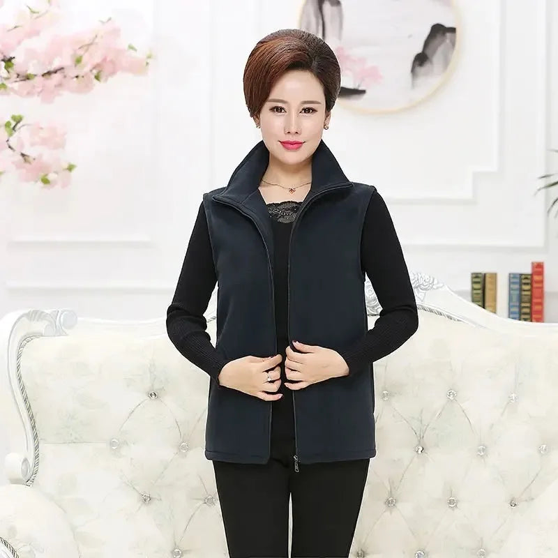 Spring Autumn Women Vest Jacket Middle-Aged Casual Solid Sleeveless Gilet Femme Pocket Short Waistcoat