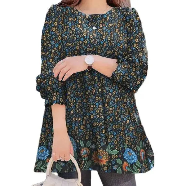 2023 Autumn Winter Womens Blouse Round Neck Fashion Ruffled Shirt Casual Loose Floral Print Top Femme Bubble Sleeve Pullover