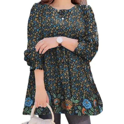 2023 Autumn Winter Womens Blouse Round Neck Fashion Ruffled Shirt Casual Loose Floral Print Top Femme Bubble Sleeve Pullover