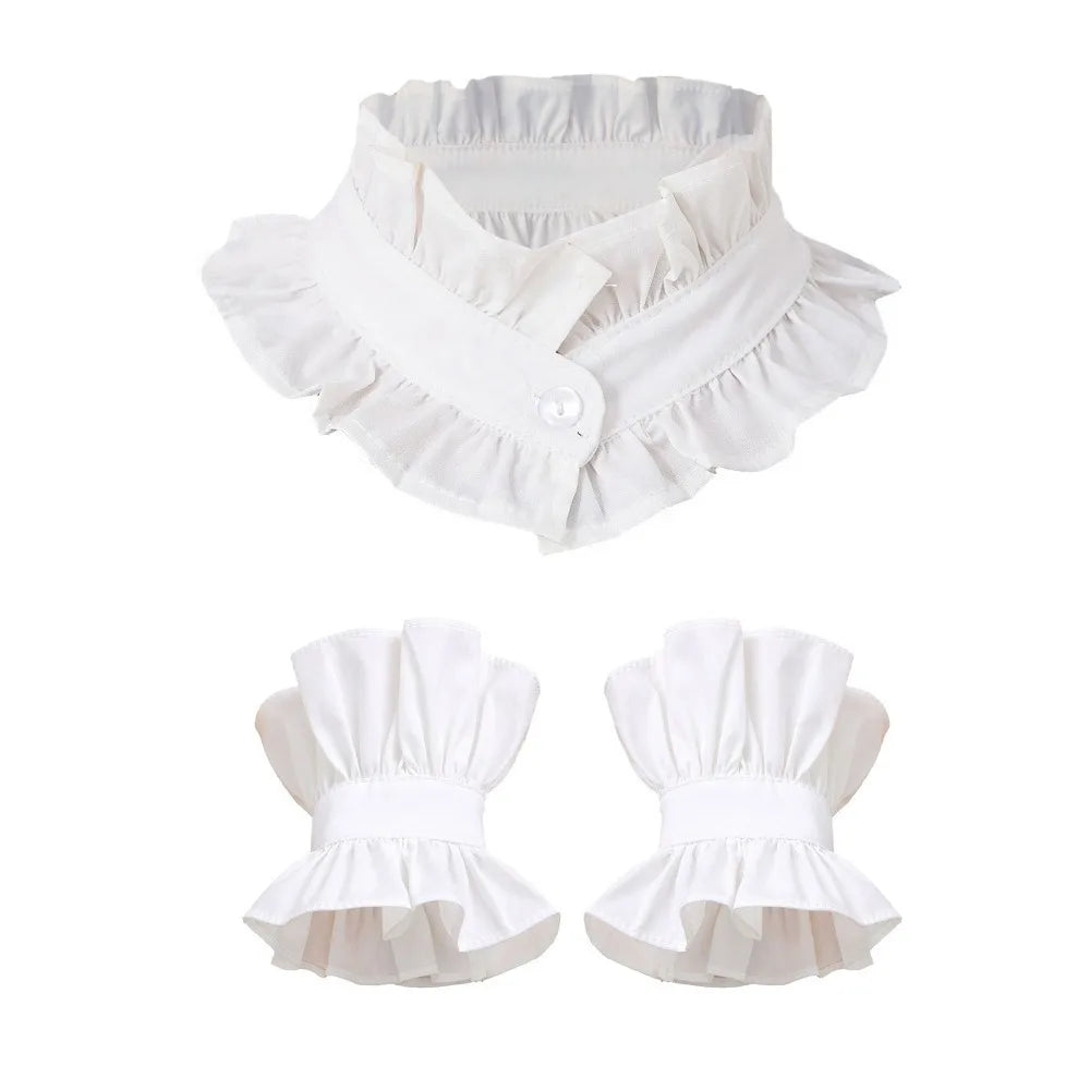 1 set French Style Fake Faux Collar Pleated Design Ruffled Edge Stand Collar Adjustable Feature Detachable Ruffled Sleeve
