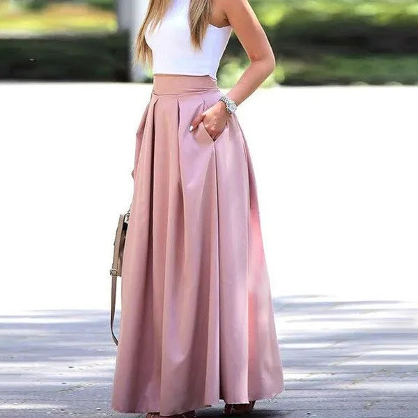 Long Skirts For Women Spring Summer High-waist Solid Color Long Skirt Women's Pocket Commuting A-line Pleated Fashion Long Skirt