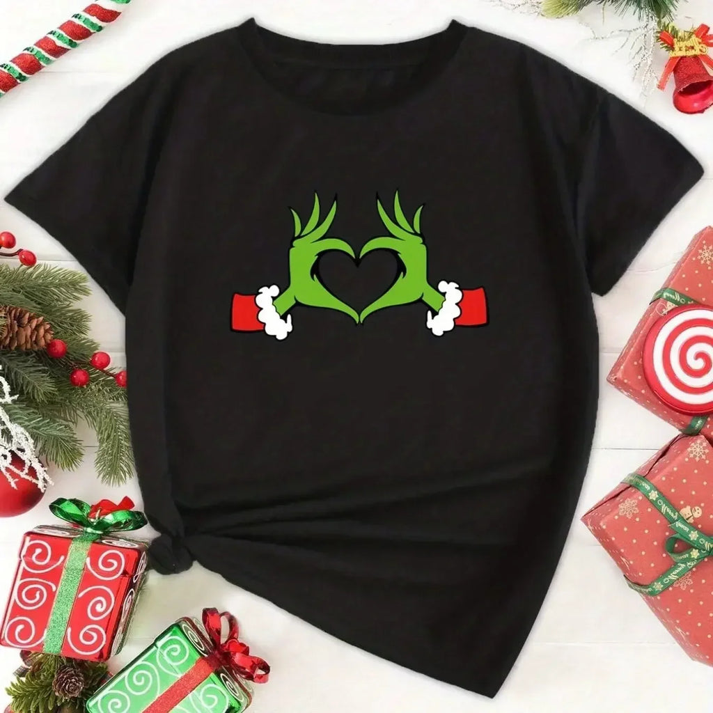 Christmas Casual T-shirt Women Plus Heart & Monster Print Short Sleeve Round Neck Top Fashion Christmas women