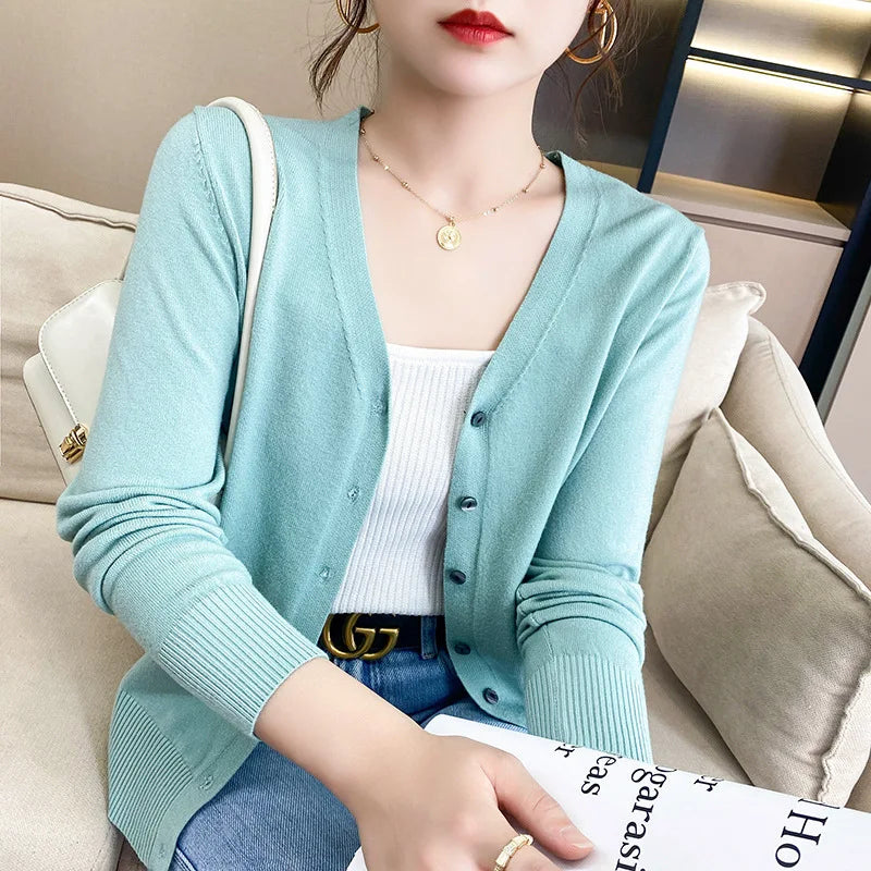 Spring Autumn Women Cardigans Loose Solid Single Breasted V-neck Pink Red Fashion Cardigan Jumpers Knitwear 2025