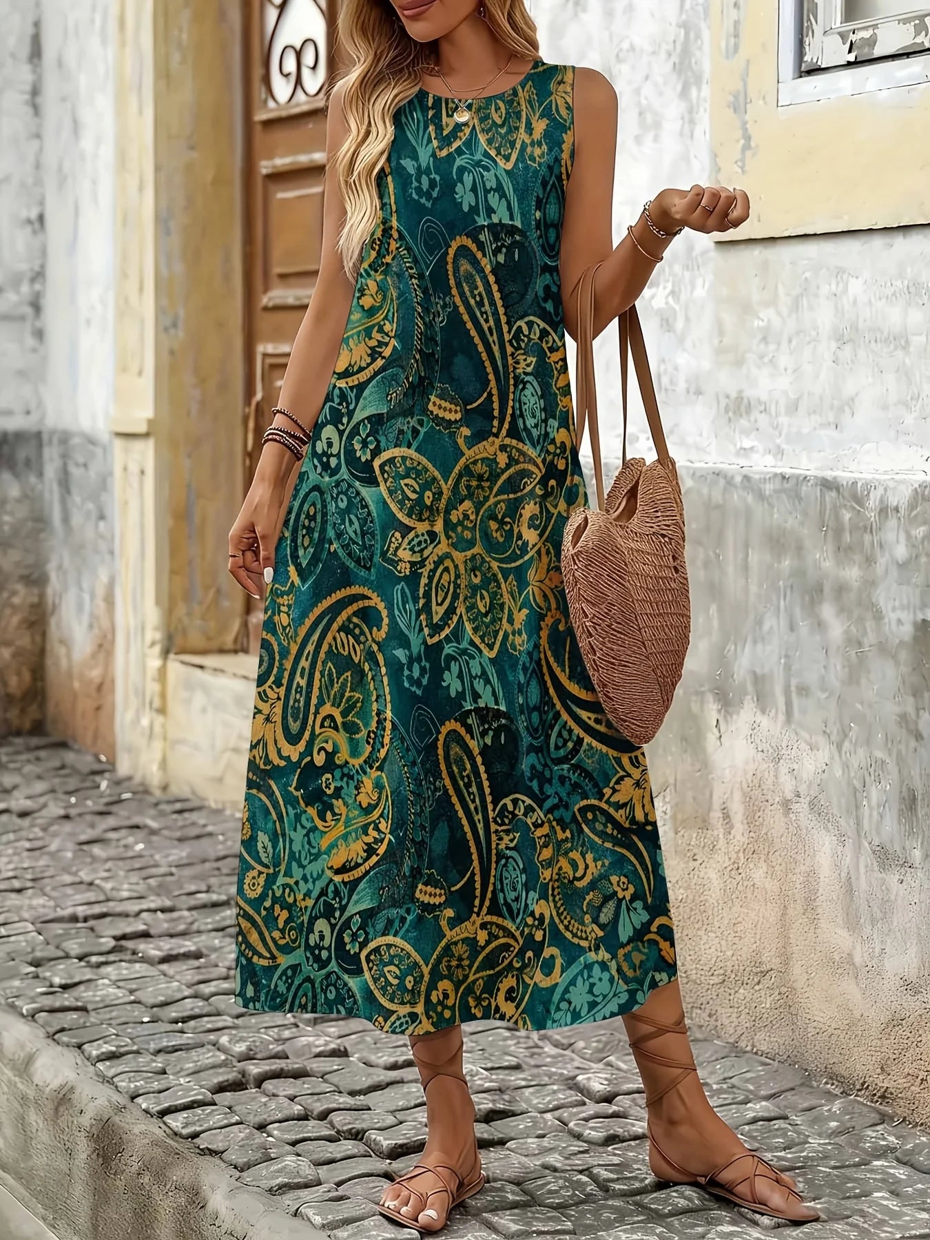 Elegant Sleeveless Midi Dress with Floral Pattern for Casual And Wear Suitable for Leisure And Sports Activities