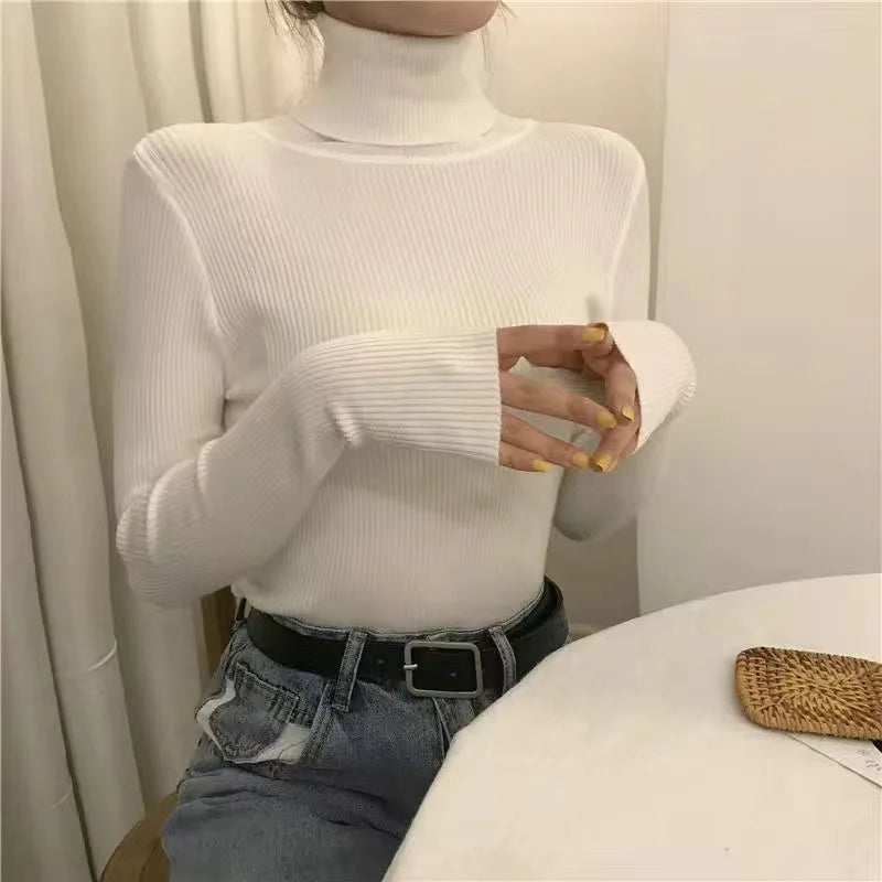 Women Heaps Collar Turtleneck Sweaters Autumn Winter Slim Pullover Women Basic Tops Casual Soft Knit Sweater Soft Warm Jumper
