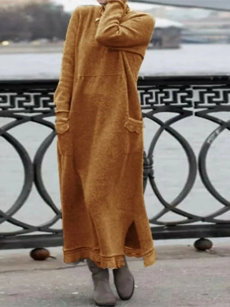 2024 Autumn Winter New Long Dresses For Women Flower Lace Edge Loose Maxi Dress Casual Long Female Solid Color Pocket Vestidos