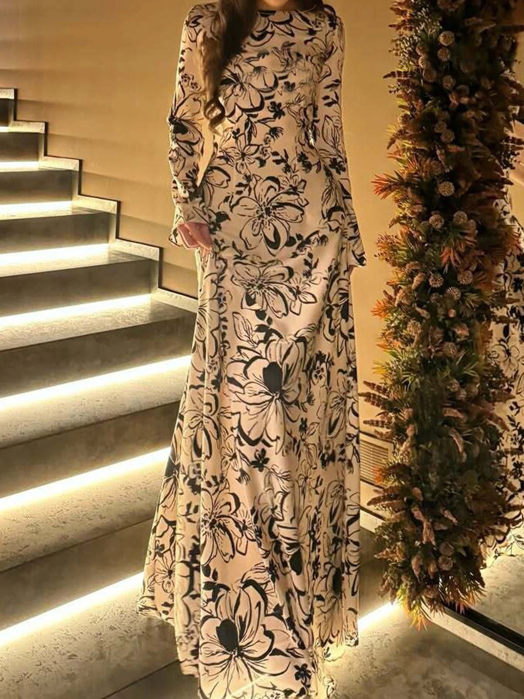 2026 New Elegant Slim-fit Printed Maxi Dress Women's French Style Flared Dress Premium Look