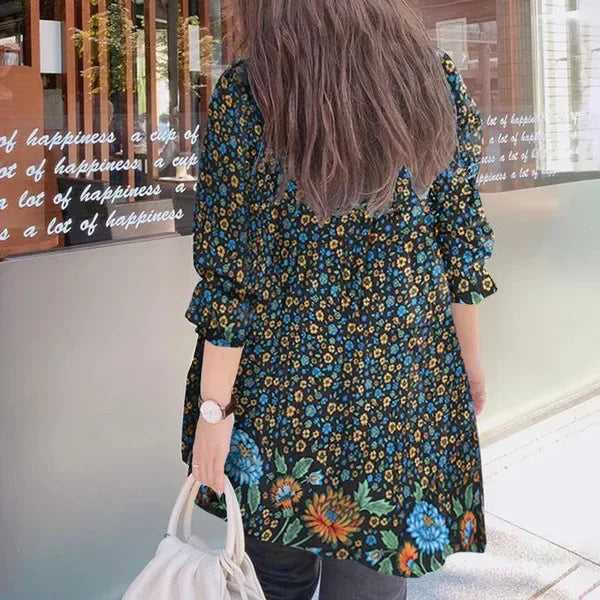 2023 Autumn Winter Womens Blouse Round Neck Fashion Ruffled Shirt Casual Loose Floral Print Top Femme Bubble Sleeve Pullover