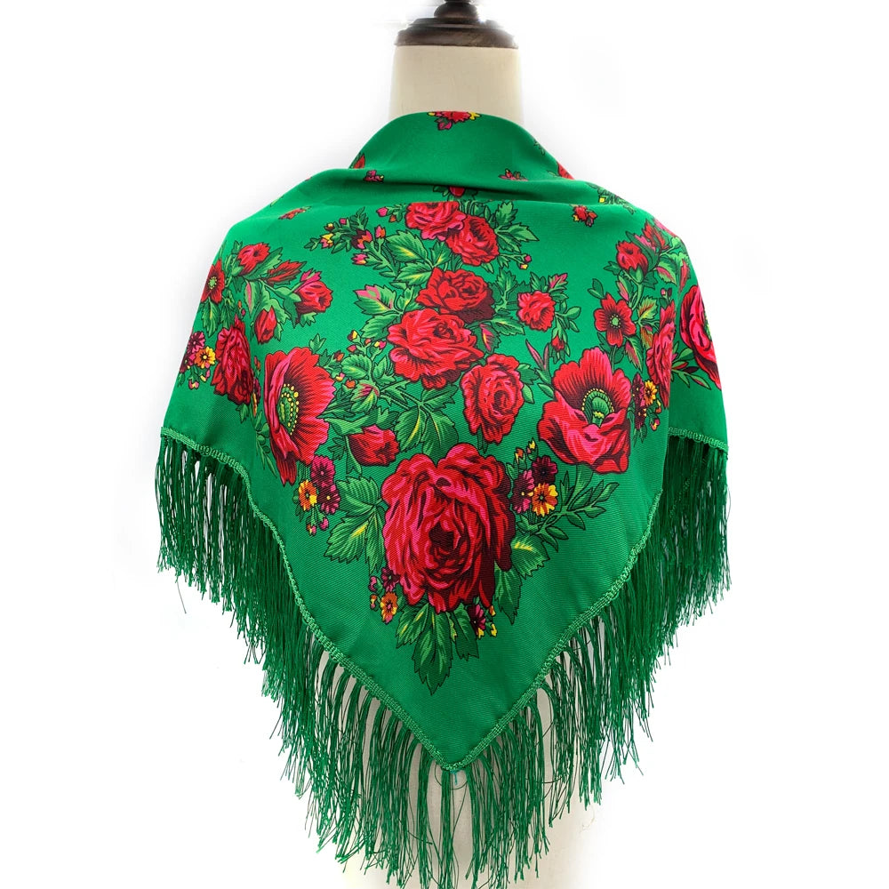 Russian Square Scarf Women Luxury Floral Print Fringed Bandana Scarves Pareo Lady Headband Scarves Babushka Head Wraps