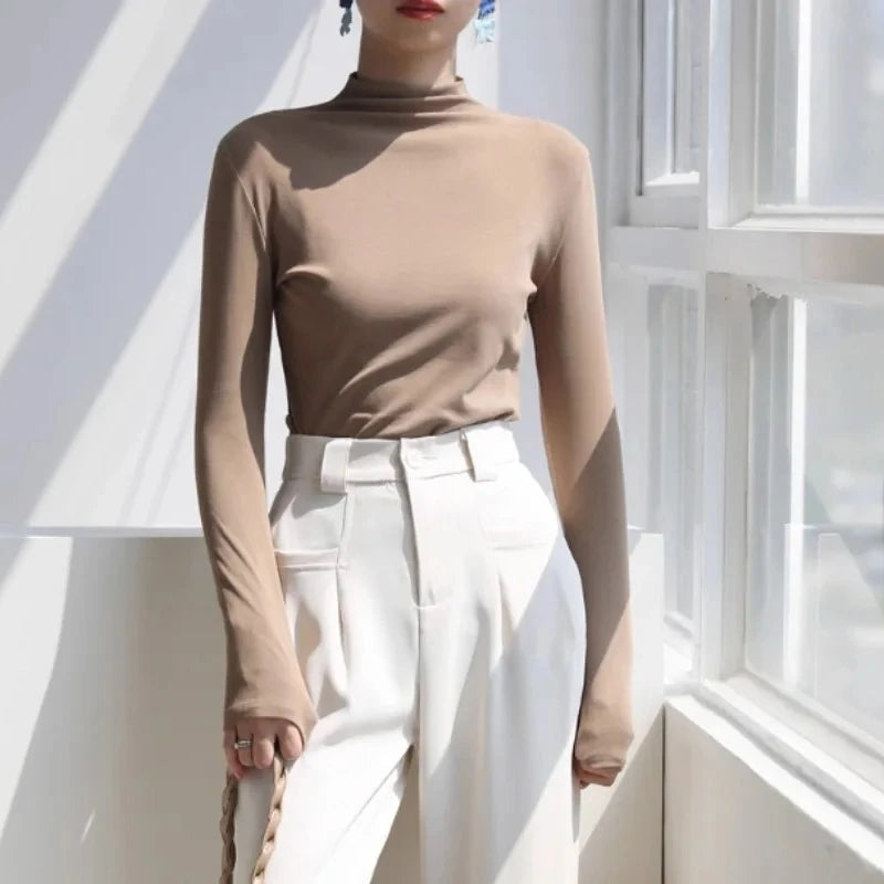 Autumn Winter Women T Shirt Long Sleeve Solid Color Pullover Basic Half Turtleneck Slim Fit Casual Top Korean Fashion Undershirt