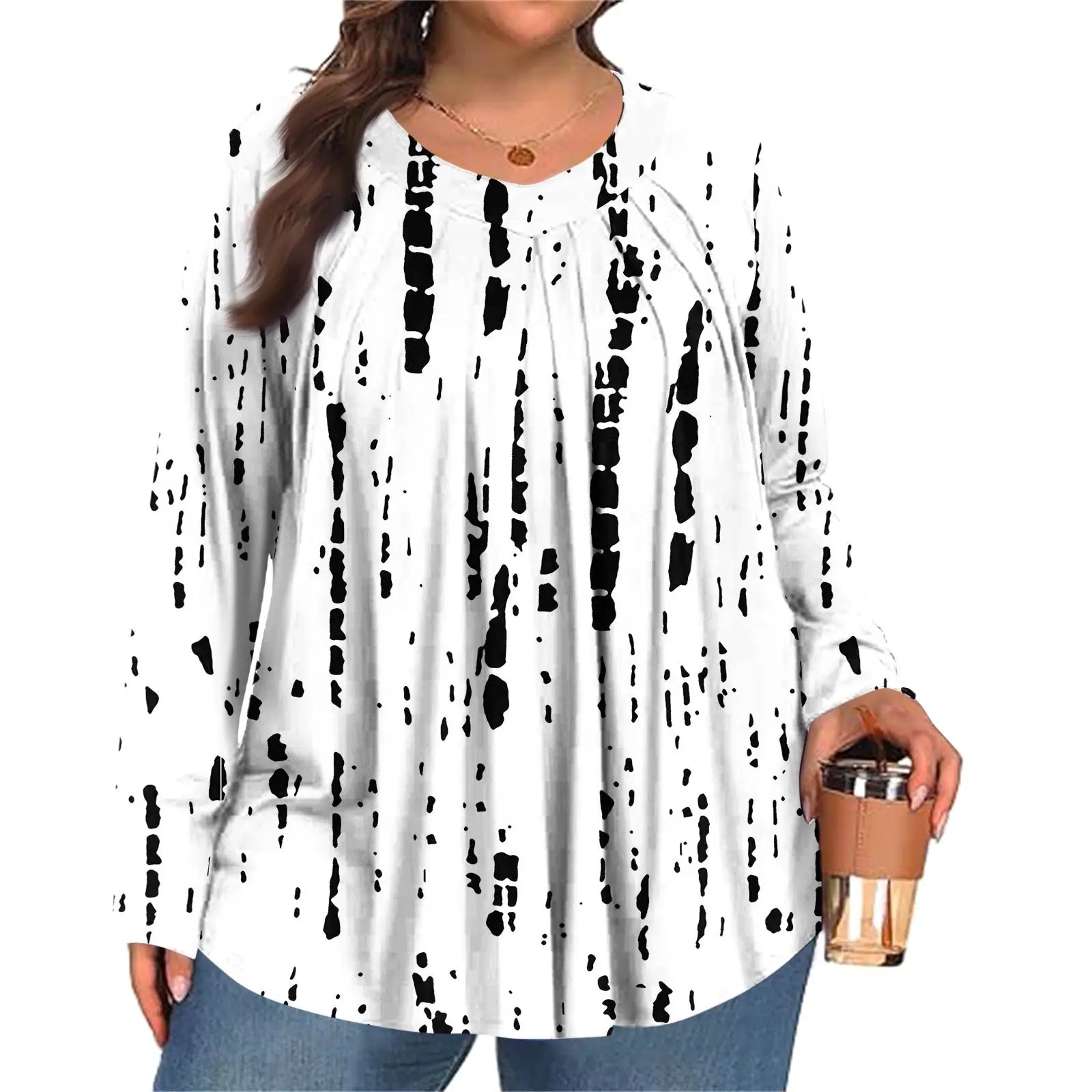 Plus Size Long Sleeve Top for Women Fashion Retro Floral Print Pleated Round Neck T-shirt Female Casual Autumn Base Shirt