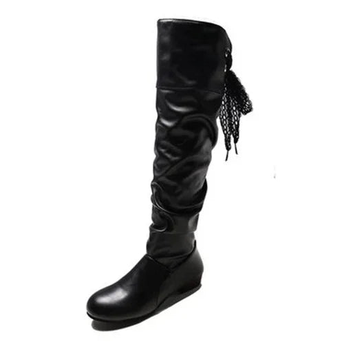 Knee High Boots Red Black White Tall Boots Woman Pleated Low Heel Casual Leather Female Long Shoes 2024
