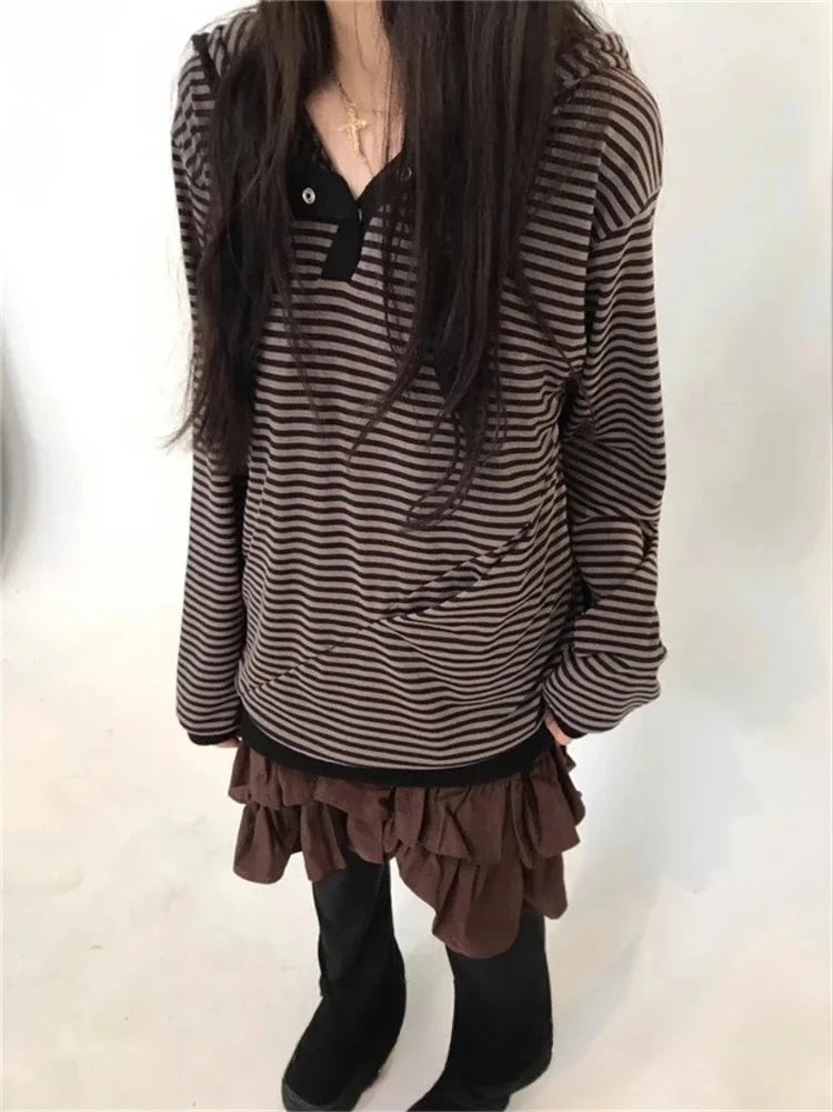 Preppy Style Korean Hoodies Hooded Striped Long Sleeve Sweatshirts 2024 Ropa Mujer Casual Fashion Hoodie Women Clothing Y2k Tops