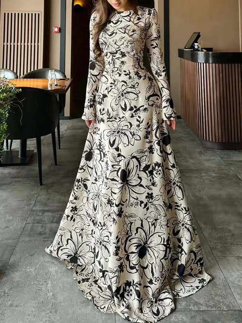 2026 New Elegant Slim-fit Printed Maxi Dress Women's French Style Flared Dress Premium Look